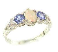 Ladies Solid Sterling Silver Natural Opal & Tanzanite English Victorian Trilogy Ring