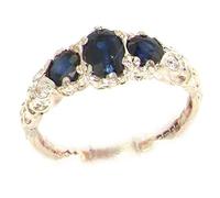 Ladies Solid Sterling Silver Natural Sapphire English Victorian Trilogy Ring Blue Stone Enagagement Ring