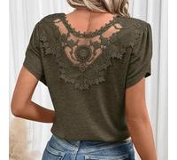 Ladies Solid V-Neck T-Shirt with Ruffled Hem Double Layer Design Short Sleeve Casual Top for Holiday Beach Travel S to XXL(Green XXL)