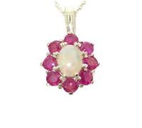 Ladies Solid White 9ct Gold Ring, Ornate Natural Fiery Opal and Ruby Cluster Pendant Necklace with 18" Chain