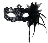 LADIES SPARKLING BLACK AND SILVER RIALTO VENETIAN MASQUERADE CARNIVAL PARTY EYE MASK WITH FLOWER HAND HELD ON A WOODEN STICK