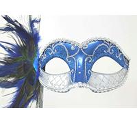 LADIES SPARKLING BLUE & SILVER VENETIAN MASQUERADE CARNIVAL PARTY EYE HAND HELD MASK ON A STICK WITH PEACOCK FEATHERS