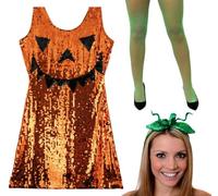 Ladies Sparkly Orange Sequin Pumpkin Mini Dress with Black Carved FACE Design + Green Fishnet Tights + Pumpkin Stalk Headband. Womens Orange Sexy Halloween Costume/Party Outfit. Size: Small