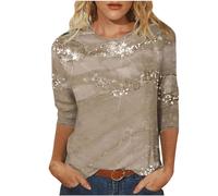 Ladies Sparkly Tops 3/4 Sleeve Tunic Blouse Tops Y2K Long Sleeve Shirt Elegant Casual Printed Long Sleeve Sequin T-Shirt Round Neck Party Top Women Fashion Sparkly Evening Tops Summer Clothes Khaki