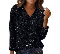 Ladies Sparkly Tops Elegant Long Sleeve V Neck Sequin Glitter Tops New Year's Eve Party Wear Sparkling Festive Blouse Sequined Christmas Shirts Shimmer Clubwear Carnival Parade Outfit,Black,S