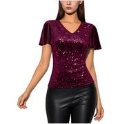 Ladies Sparkly Tops UK Elegant Short Bell Sleeve Sequin Blouses Shimmer Glitter Plain V Neck Sparkle Shiny T-Shirt Casual Going Out Tee Shirts Party Work Office Spring Outfits for Women Wine