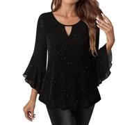 Ladies Sparkly Tops - Women's Sequin Tops Going Out Keyhole Neck Sparkling Shiny Ruffle 3/4 Sleeve Blouses Chiffon Glitter Shirts Elegant Tee Tunic Top Flowy Evening Party Cocktail T-Shirt