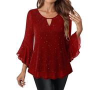 Ladies Sparkly Tops - Women's Sequin Tops Going Out Keyhole Neck Sparkling Shiny Ruffle 3/4 Sleeve Blouses Chiffon Glitter Shirts Elegant Tee Tunic Top Flowy Evening Party Cocktail T-Shirt