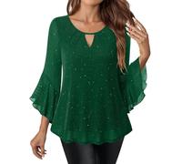 Ladies Sparkly Tops - Women's Sequin Tops Going Out Keyhole Neck Sparkling Shiny Ruffle 3/4 Sleeve Blouses Chiffon Glitter Shirts Elegant Tee Tunic Top Flowy Evening Party Cocktail T-Shirt