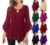 Ladies Sparkly Tops - Women's Sequin Tops Going Out Keyhole Neck Sparkling Shiny Ruffle 3/4 Sleeve Blouses Chiffon Glitter Shirts Elegant Tee Tunic Top Flowy Evening Party Cocktail T-Shirt
