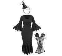 Ladies Spider Witch Costume - Small - Black Dress with Jagged Edges, Spiderweb Gloves, Mini Witch's Hat - Womens Halloween Fancy Dress Costume
