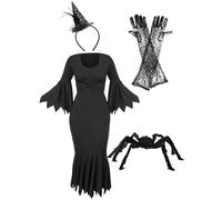 Ladies Spider Witch Costume - X-Large - Black Dress with Jagged Edges, Spiderweb Gloves, Mini Witch's Hat, Spider Prop - Womens Halloween Fancy Dress Costume