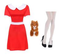 Ladies Spoilt Gold Ticket Winner Costume with Plush Squirrel - Large - Red Dress with White Collar & Cuffs, Plain White Tights - Women's World Book Day Character Fancy Dress Outfit