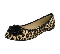 Ladies Spot On Beaded Ruffle Vamp Flat Ballerina - Tan Leopard Microfibre - UK Size 8 - EU Size 41 - US Size 10