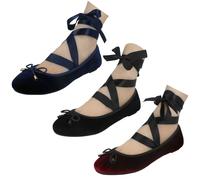 Ladies Spot On Tie Up Leg Black Velvet Ballet Pumps Casual Flat Shoes