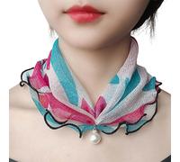 Ladies Square Chiffon Scarves Women Neck Scarf Retro lightweight Floral Print Silk Scarf with Pearl Lace Headscarf Square Women's Scarves Blue & Pink