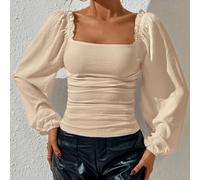 Ladies Square Neckline Long Sleeve Crop Blouse Puff Lantern Sleeve Ruched Top Brown Green Blue(Apricot L)