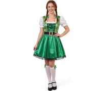 Ladies St Patrick’s Day Irish Dress - Green Corset Style Costume with Gold Shamrock Print, Attached White Blouse and Black Belt - Women’s St Paddy's Day Fancy Dress for Parties, Parades and Events
