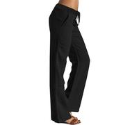 Ladies Straight Leg Trousers,Petite Linen Trousers Womens- Loose Fit Casual Wide Leg Pants With Pockets Comfortable Summer Long Trouser Beach Pant Pure Color Drawstring Cheesecloth Pants
