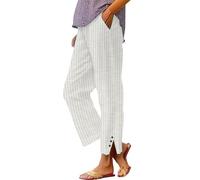 Ladies Straight Leg Trousers, Striped Linen Trousers Womens Retro Striped Loose Palazzo Lounge Elasticated Waist Cropped Pants Lightweight Casual Patchwork Wide Leg Boho Bottoms with Pockets
