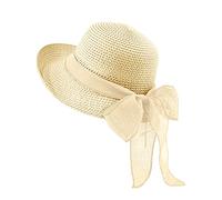 Ladies Straw Sun Hats Bowknot Wide Brim Summer Beach Hats Foldable Packable Bucket Hat Holiday Travel Cap Beige