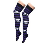Ladies Stripe Printed Over the Knee High Socks Women Fancy Stretch OTK Socks Purple/Black Stripe Skull Print 3 Pack
