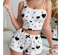 Ladies Striped Print Pajama Set with External Strap Top and Short for Home Vacation Daily Use All Four Seasons (XXL Black)