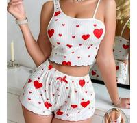 Ladies Striped Print Pajama Set with External Strap Top and Short for Home Vacation Daily Use All Four Seasons (S Red)