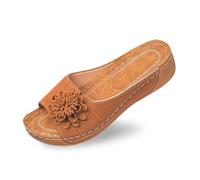 Ladies Stylish Open Toe Wedge Loafers Leather Top Floral Pattern Comfortable Shoes With Temperament, brown, 6 UK