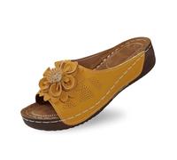 Ladies Stylish Open Toe Wedge Loafers Leather Top Floral Pattern Comfortable Shoes With Temperament, yellow, 4 UK