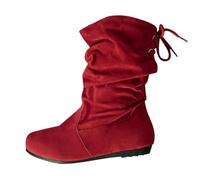Ladies Suede Ankle Boots, Womens Slouch Flat Ankle Boots Round Toe Ruched Short Boot Lace Up Back Adjustable Pull-on Flats Soft Casual Comfortable Winter Mid Calf Booties Fashion Walking Gifts Red