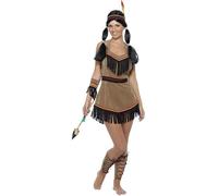 Smiffys Native American Inspired Woman Costume, Brown with Dress, Belt, Headband, Armband and Leg Cuffs, Cowboys and Indians Fancy Dress, Adult Dress Up Costumes
