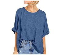 Ladies Summer Blouses Oversized T Shirts for Womens UK Short Sleeve Oversized Tunic Tops Crewneck Plain Tee Shirts Solid Color Tshirts Loose Casual Blouse Baggy Streetwear