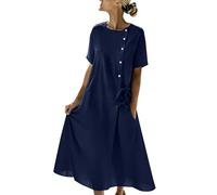 Ladies Summer Cotton Linen Dresses, Women Round Neck Solid Short Sleeve Dresses Lace Up A-Line Swing Dress with Pockets and Decorative Button Loose Fit Comfortable Chic Perfect for Vacation Party