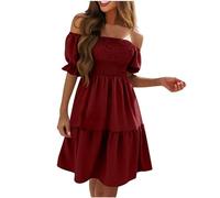 Ladies Summer Dress Off Shoulder Ruffle Midi Dresses Women Milkmaid Dress Flowy Tiered Beach Dress Swing Holiday Loose Bohemian Dresses Elastic Square Neck Puff Short Sleeve Mini Dress for Party