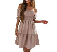 Ladies Summer Dress Off Shoulder Ruffle Midi Dresses Women Milkmaid Dress Flowy Tiered Beach Dress Swing Holiday Loose Bohemian Dresses Elastic Square Neck Puff Short Sleeve Mini Dress for Party