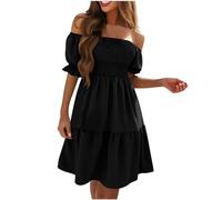 Ladies Summer Dress Off Shoulder Ruffle Midi Dresses Women Milkmaid Dress Flowy Tiered Beach Dress Swing Holiday Loose Bohemian Dresses Elastic Square Neck Puff Short Sleeve Mini Dress for Party