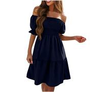 Ladies Summer Dress Off Shoulder Ruffle Midi Dresses Women Milkmaid Dress Flowy Tiered Beach Dress Swing Holiday Loose Bohemian Dresses Elastic Square Neck Puff Short Sleeve Mini Dress for Party Navy