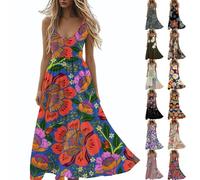 Ladies Summer Dresses Plus Size Dress Wedding Guest Occasion 1940s Dress Midi Casual Sleeveless V Neck Swing Casual Bohemian Petite Dresses for Women UK Party Beach Vacation Clothes
