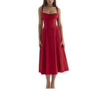Ladies Summer Dresses Sexy Sleeveless Spaghetti Straps Sweetheart Neckline Red Elegant A Line Midi Dress with Side Slit Solid Holiday Beach Boho Casual Dresses for Women UK S