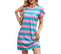 Ladies Summer Dresses Striped Printed Short Sleeve Tunic Dress Girls Womens Summer Dresses Crew Neck Mini Sundress Loose Casual T Shirt Dress for Women UK Pink