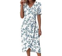 ladies summer dresses Summer Dresses for Women UK 2025 Boho Causal Short Sleeve Vacation Floral Button Linen Dress with Pockets Ladies Maxi Printing Party Club Elegant Beach Dresses White-A S