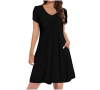 Ladies Summer Dresses with Pockets, Women's Petite Shirt Dress UK Clearance Casual Elegant A Line Swing Skaterdress Short Sleeve V Neck Holiday Clothes Floral Sundresses for Occasions