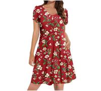 Ladies Summer Dresses with Pockets, Women's Petite Shirt Dress UK Clearance Casual Elegant A Line Swing Skaterdress Short Sleeve V Neck Holiday Clothes Floral Sundresses for Occasions