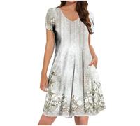 Ladies Summer Dresses with Pockets, Women's Petite Shirt Dress UK Clearance Casual Elegant A Line Swing Skaterdress Short Sleeve V Neck Holiday Clothes Floral Sundresses for Occasions