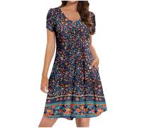 Ladies Summer Dresses with Pockets, Women's Petite Shirt Dress UK Sale Clearance Casual Elegant A Line Swing Skaterdress Short Sleeve V Neck Holiday Clothes Floral Sundresses for Occasions