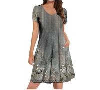 Ladies Summer Dresses with Pockets, Women's Petite Shirt Dress UK Sale Clearance Casual Elegant A Line Swing Skaterdress Short Sleeve V Neck Holiday Clothes Floral Sundresses for Occasions