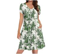 Ladies Summer Dresses with Pockets, Women's Petite Shirt Dress UK Sale Clearance Casual Elegant A Line Swing Skaterdress Short Sleeve V Neck Holiday Clothes Floral Sundresses for Occasions