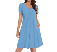 Ladies Summer Dresses with Pockets, Women's Petite Shirt Dress UK Sale Clearance Casual Elegant A Line Swing Skaterdress Short Sleeve V Neck Holiday Clothes Floral Sundresses for Occasions