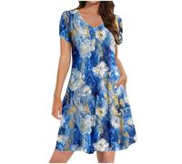 Ladies Summer Dresses with Pockets, Women's Petite Shirt Dress UK Sale Clearance Casual Elegant A Line Swing Skaterdress Short Sleeve V Neck Holiday Clothes Floral Sundresses for Occasions